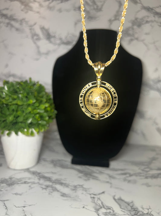 14K Yellow Gold "World Is Yours" Spinning Globe Pendant