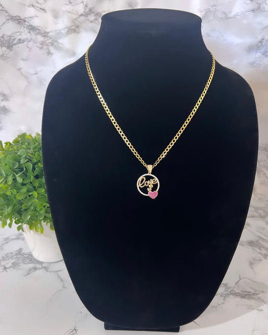 14K Hollow Cuban Chain /Circle Love Pendant